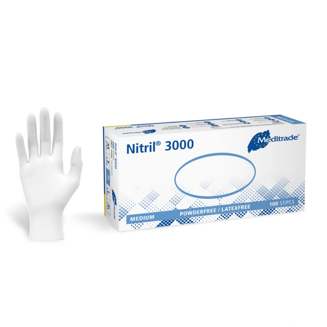 Meditrade Nitril 3000 1280 Einmalhandschuhe weiß puderfrei – 100 Stück Packung und einzelner Handschuh