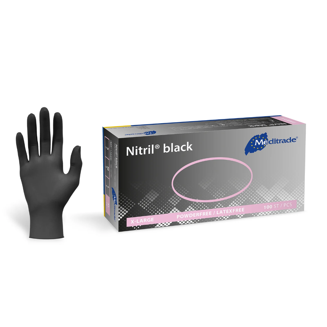 Meditrade Nitril black 1284 Einmalhandschuhe schwarz puderfrei – 100 Stück Packung und einzelner Handschuh