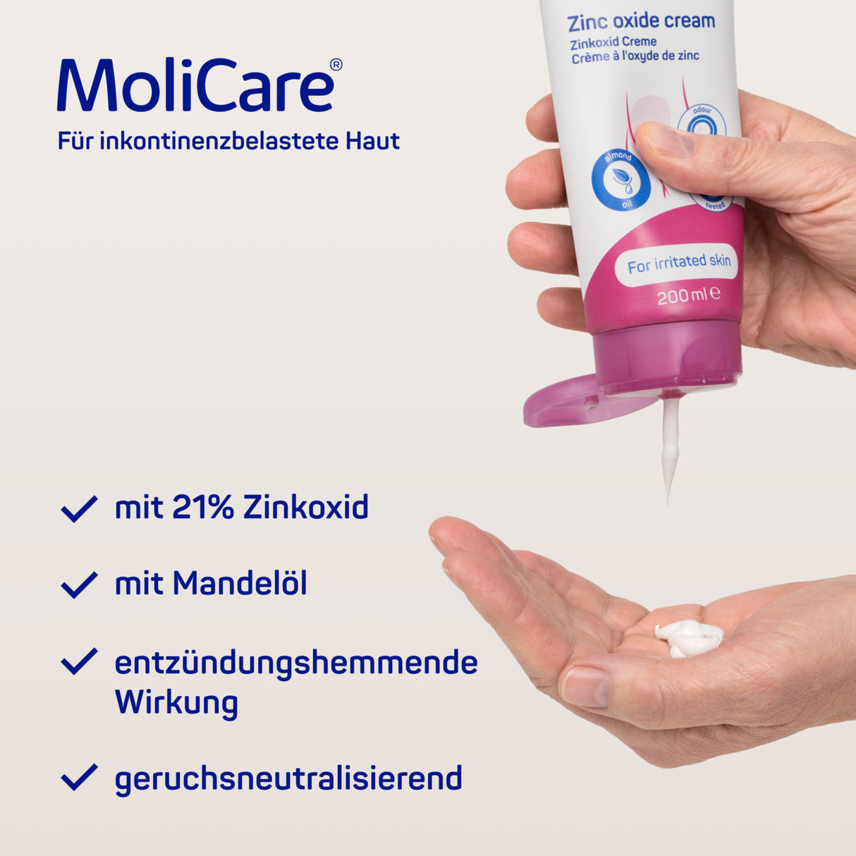 MoliCare® Skin Zinkoxidcreme 200ml – mit 21% Zinkoxid und Mandelöl, entzündungshemmend und geruchsneutralisierend, für inkontinenzbelastete Haut