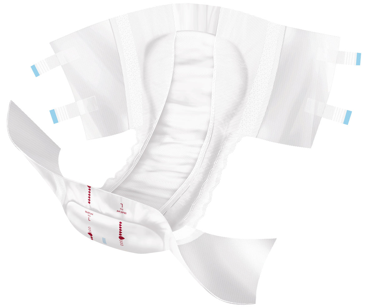 Geöffneter MoliCare Slip 7 tropfen mit Fokus auf den Saugkern, die Auslaufschutzbündchen und die seitlichen Klebestreifen