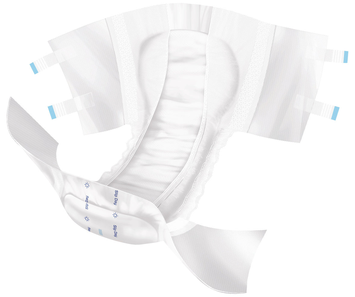 Geöffneter MoliCare Slip Day mit Fokus auf den Saugkern, die Auslaufschutzbündchen und die seitlichen Klebestreifen