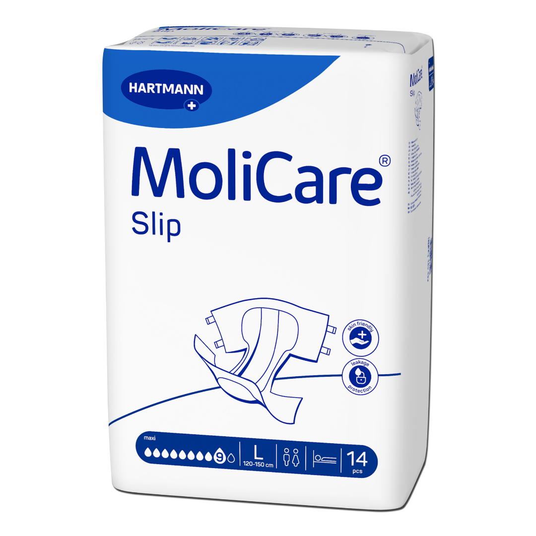 MoliCare® Slip maxi 9 Tropfen Größe L
Einweg-Erwachsenenwindeln für Männer und Frauen mit extra großen Saugkörper und PE-Außenfolie für maximalen Auslaufschutz.
