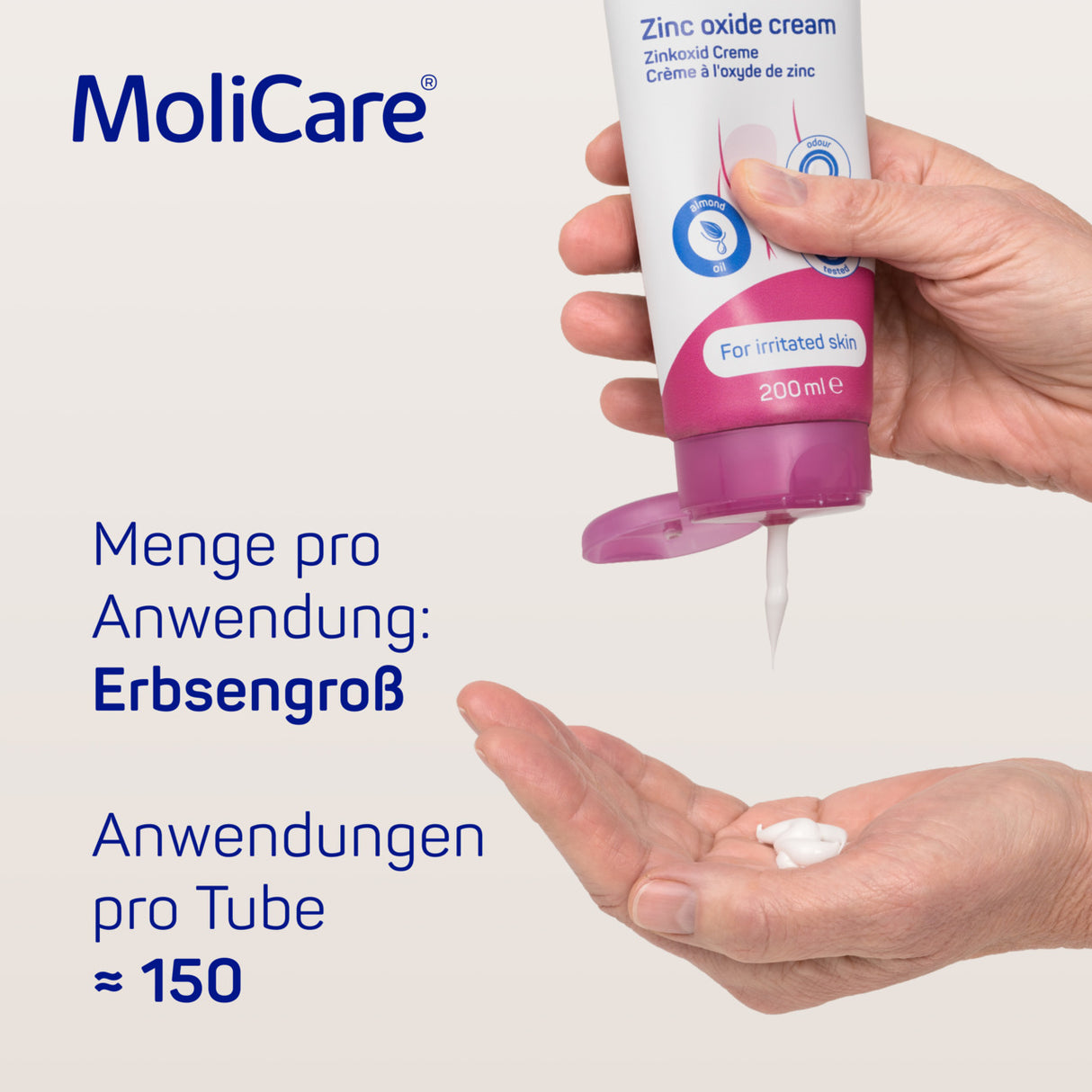 MoliCare® Skin Zinkoxidcreme 200ml – Dosierungsempfehlung: erbsengroße Menge pro Anwendung, ca. 150 Anwendungen pro Tube