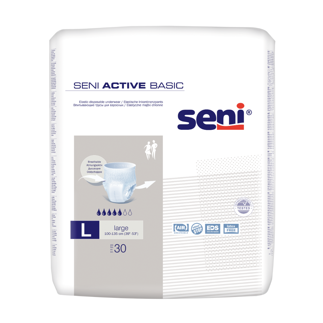 SENI Active Basic Large Inkontinenzpants 30 Stück Packung 100-135cm für leichte bis mittlere Inkontinenz bei KRB Homecare