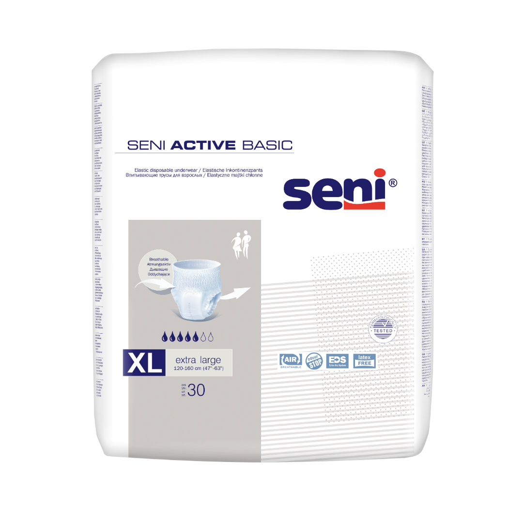 SENI Active Basic Extra Large Inkontinenzpants 30 Stück Packung 120-160cm für leichte bis mittlere Inkontinenz bei KRB Homecare
