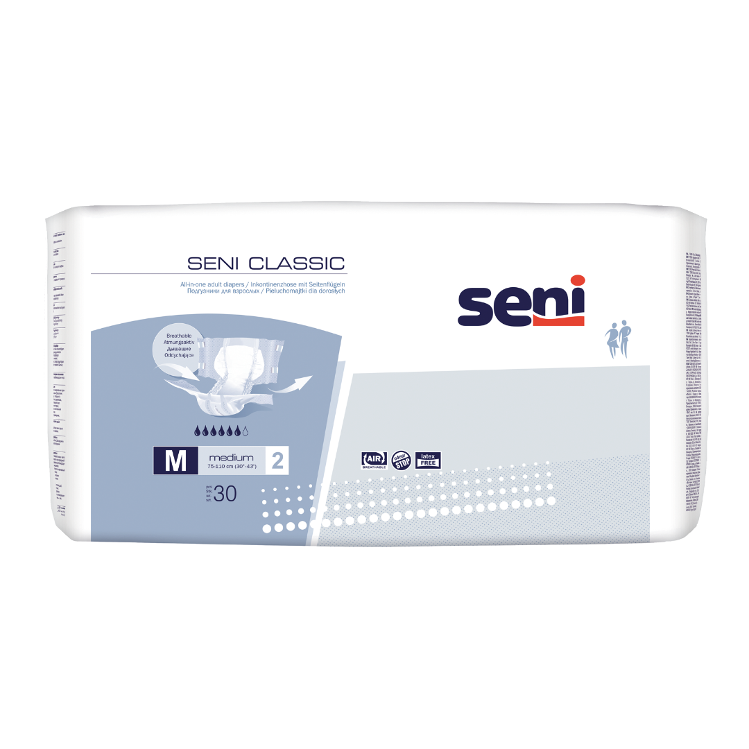 SENI Classic Medium 30 Stück Inkontinenzpants 75-110cm mit Vliesseiten für mittlere bis schwere Inkontinenz bei KRB Homecare