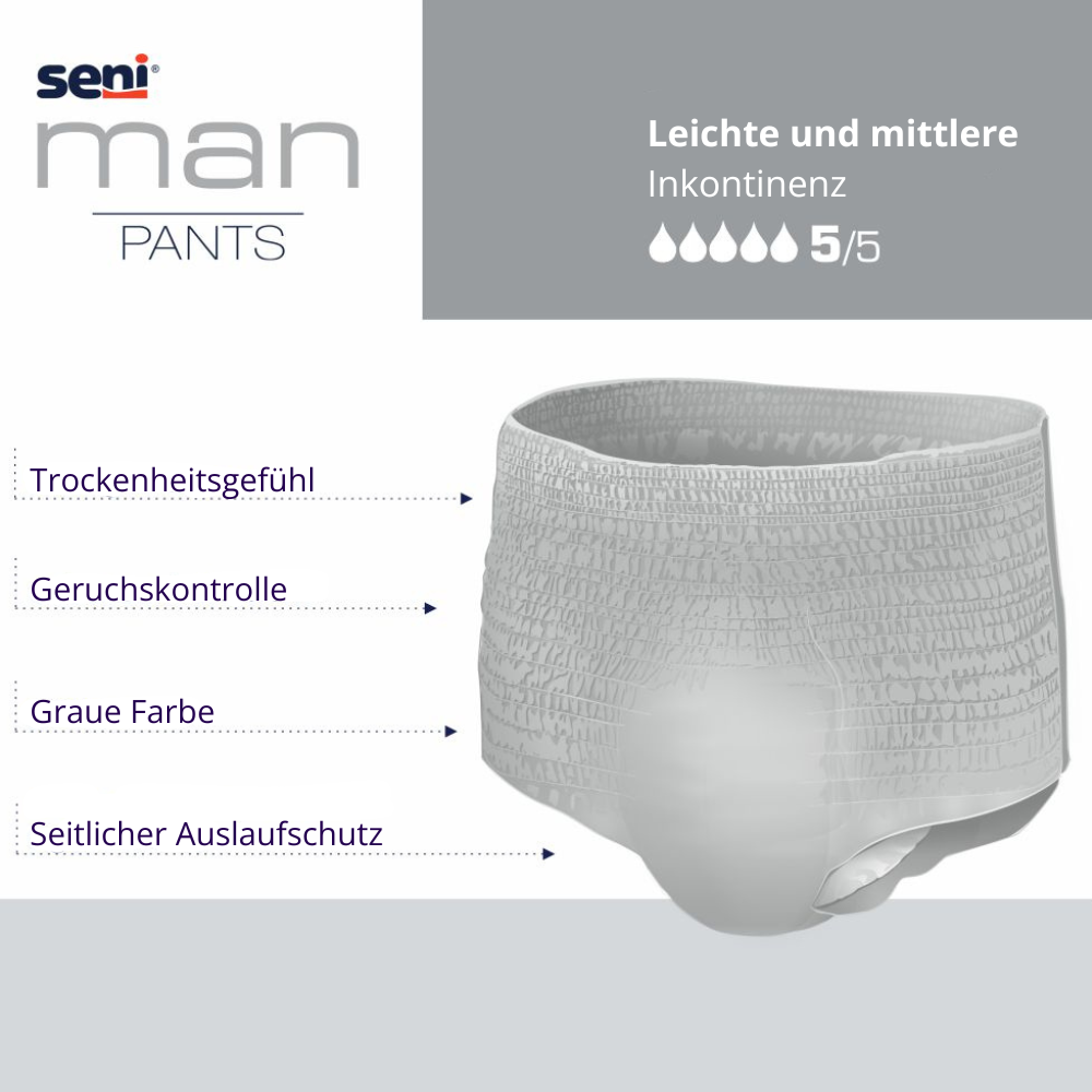 Seni Man Pants Inkontinenzhose für leichte und mittlere Inkontinenz – mit Trockenheitsgefühl, Geruchskontrolle und seitlichem Auslaufschutz in grauer Farbe