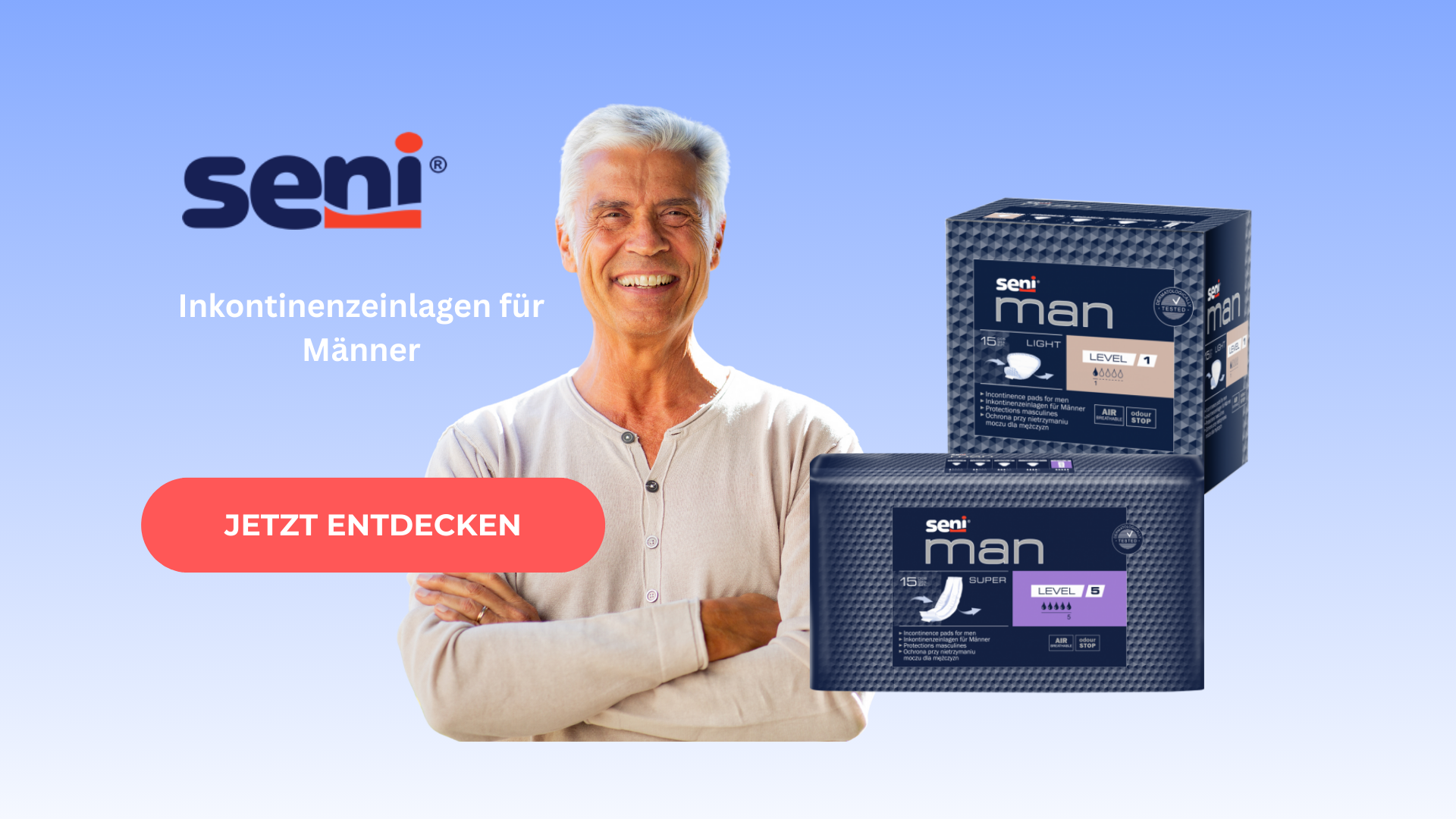 Seni Man Reklame-Banner mit den Produkten Seni Man Level 1 und Seni Man Level 5