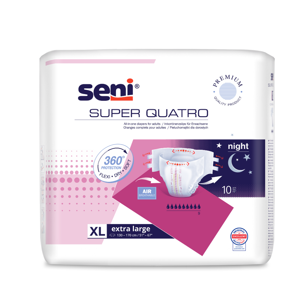 Seni Super Quatro Extra Large Inkontinenzhosen 10 Stück - Maximale 4000ml Saugkraft, Größe XL für 130-170cm Hüftumfang
