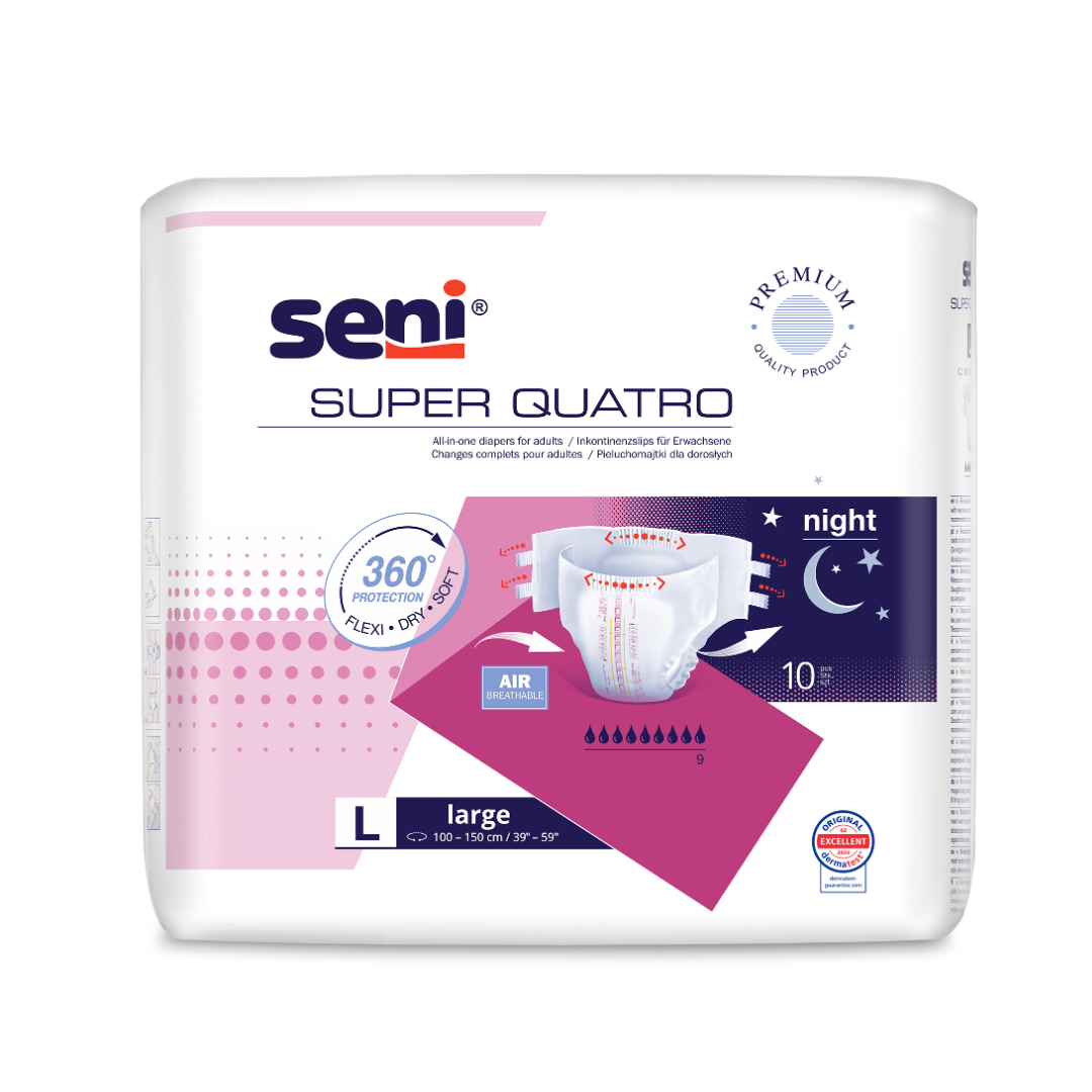 Seni Super Quatro Large Inkontinenzhosen 10 Stück - 4000ml Saugstärke für schwere Inkontinenz, Größe L für 100-150cm Hüftumfang