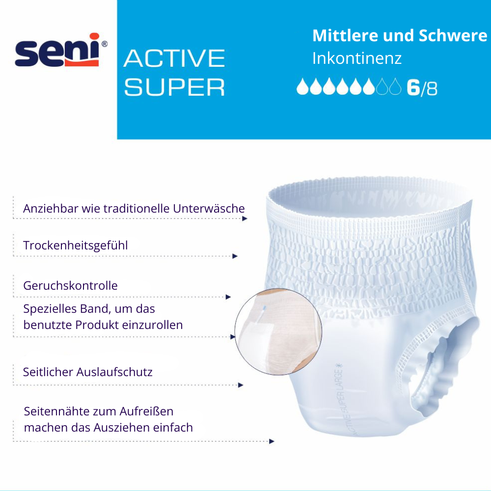 SENI Active Super Vorteile wie Auslaufschutz, seitenähte zum Aufreisen. KRB Homecare