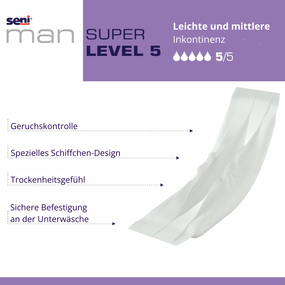 Seni Man Super Level 5 Inkontinenzeinlage für Männer mit 870ml Saugkraft, Geruchskontrolle, anatomischer Form und Trockenheitsgefühl