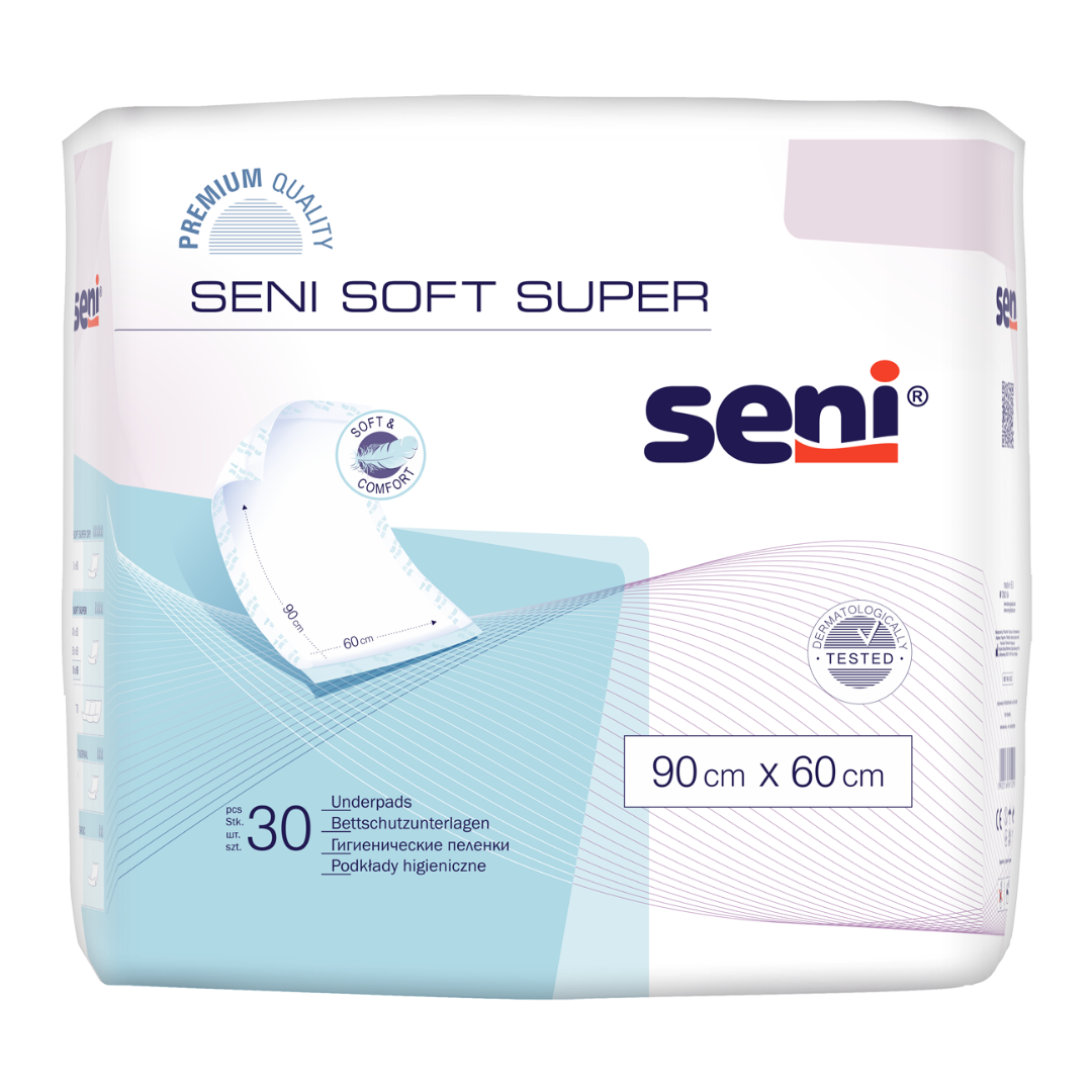 Seni Soft Super Bettschutzunterlage 90x60 cm, Packung mit 30 Stück, Vorderansicht
