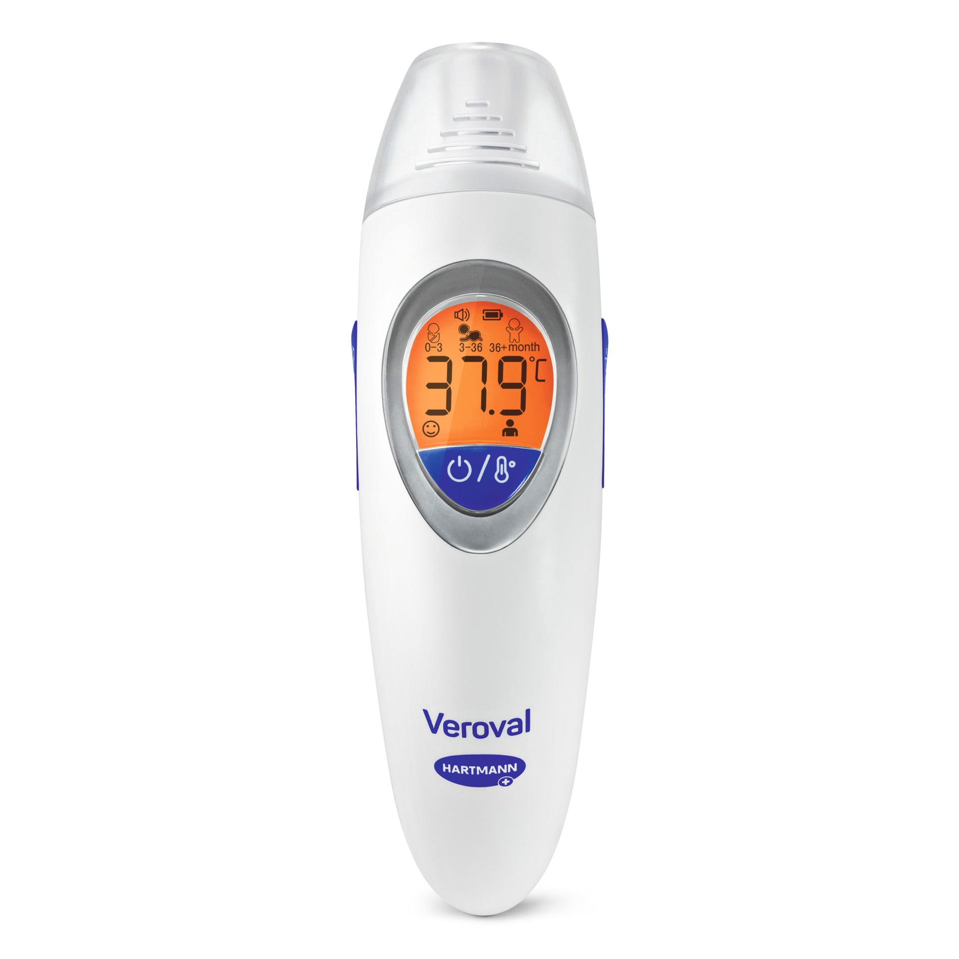 Veroval Fieberthermometer mit orangem Display zeigt erhöhte Temperatur - Farbcodierter Fieberalarm