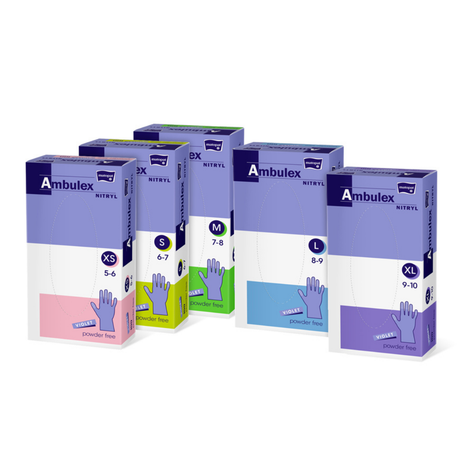 Verschiedene Packungen Ambulex Nitrilhandschuhe in den Farben Rosa, Gelb, Grün, Blau und Violett sowie den verschiedenen Größen S bis XL