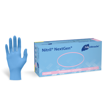 Meditrade Nitril NextGen 1283 Einmalhandschuhe blau puderfrei – 100 Stück Packung und einzelner Handschuh