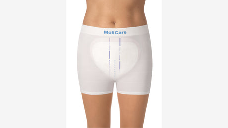 MoliCare Premium Fixpants weiße Fixierhose mit eingelegter Inkontinenzvorlage Vorderansicht