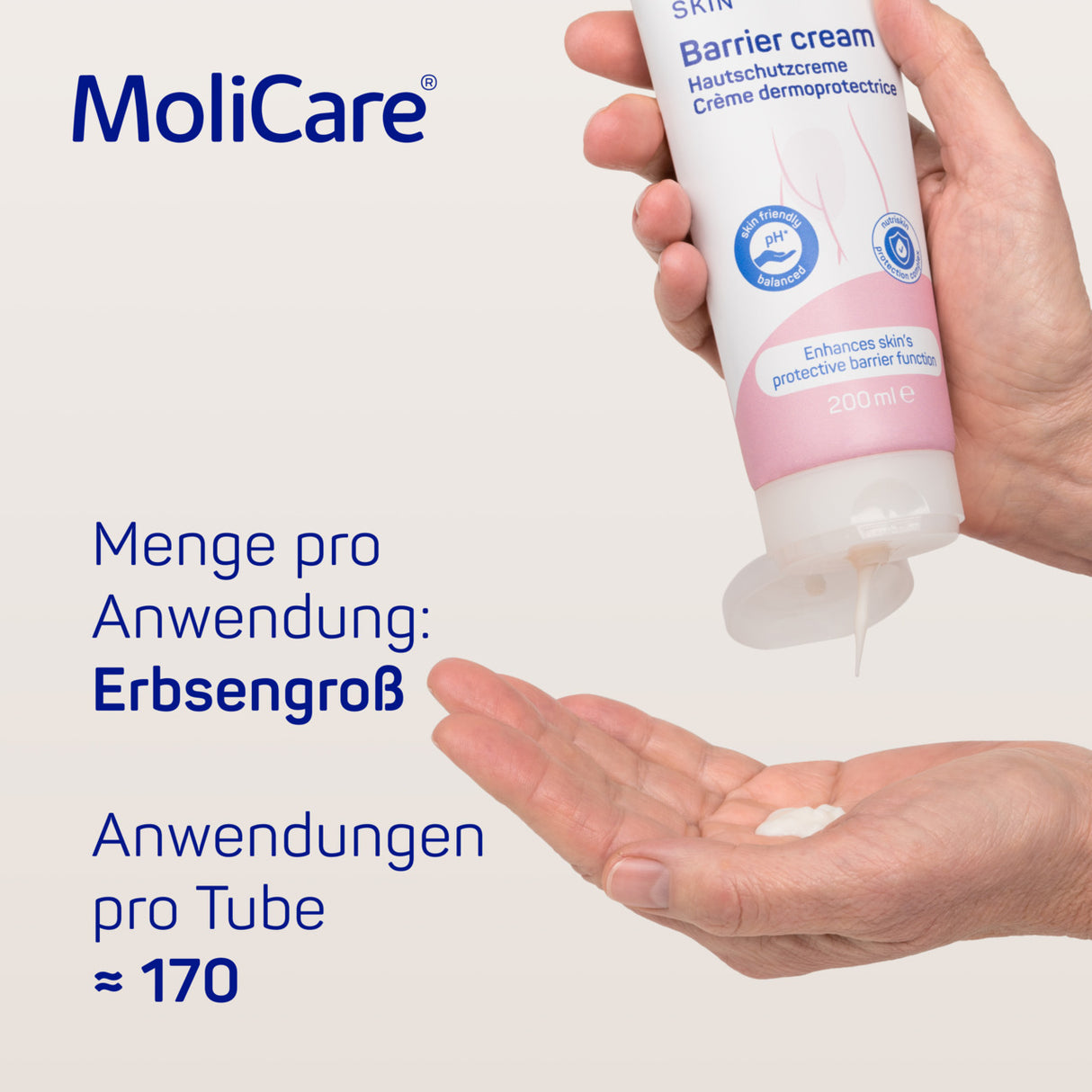 MoliCare® Skin Hautschutzcreme Barrier cream – Dosierungsempfehlung: erbsengroße Menge pro Anwendung, 170 Anwendungen pro Tube