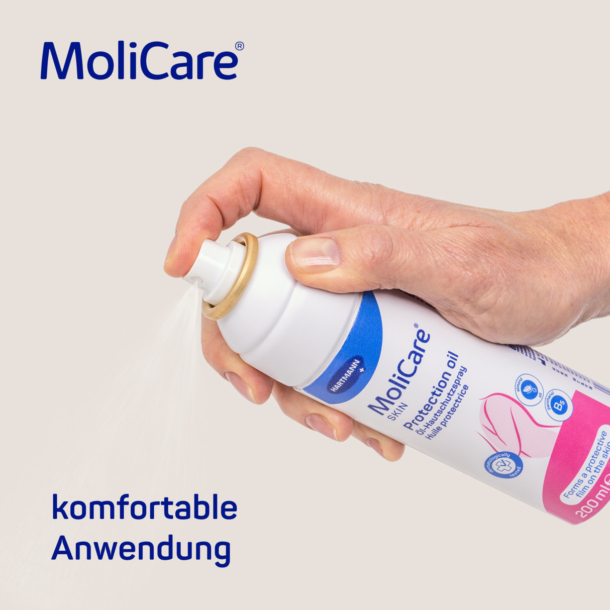 MoliCare® Skin Öl-Hautschutzspray Vorteile – feuchtigkeitsspendend, pflegend, langanhaltend