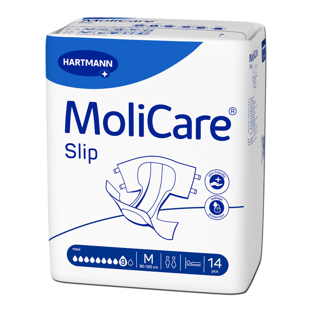 MoliCare® Slip maxi 9 Tropfen Größe M
Einweg-Erwachsenenwindeln für Männer und Frauen mit extra großen Saugkörper und PE-Außenfolie für maximalen Auslaufschutz.