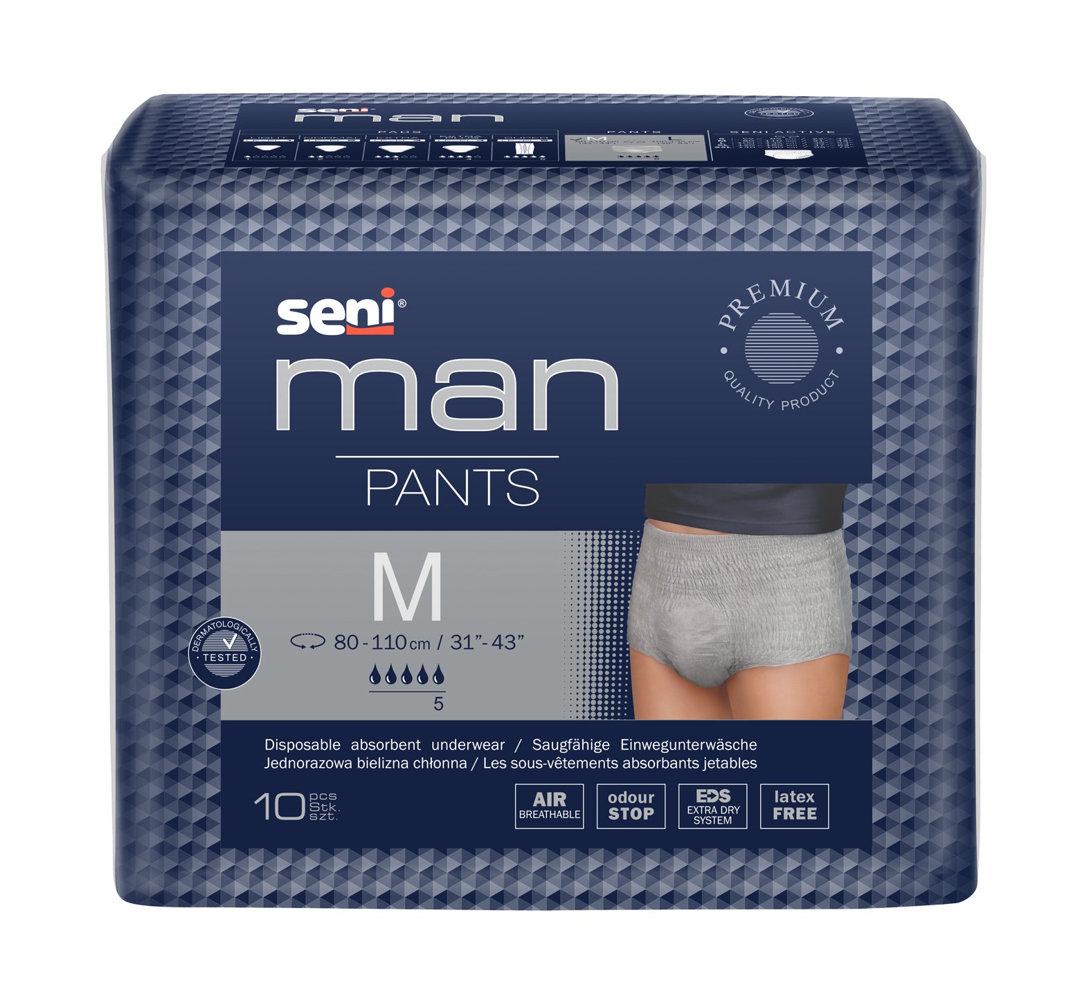 Seni Man Pants Medium Einmalhosen für Männer 10 Stück 80-110cm 1000ml diskrete Passform