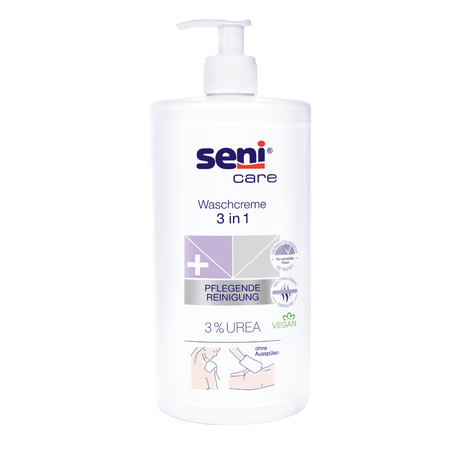 Seni Care Waschcreme 3 in 1 mit 3% Urea in der Pumpflasche