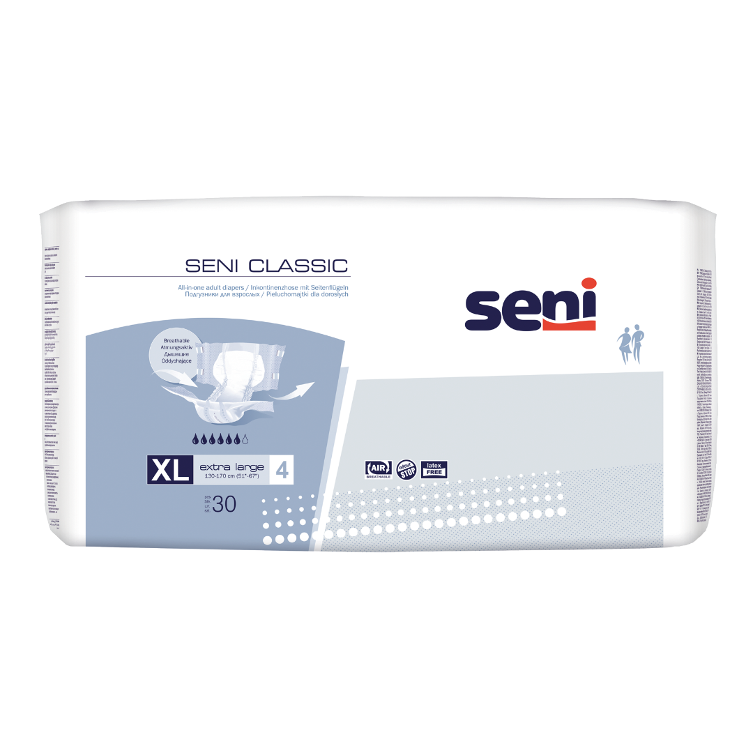 SENI Classic Extra Large 30 Stück Inkontinenzpants 130-170cm mit Vliesseiten für mittlere bis schwere Inkontinenz bei KRB Homecare
