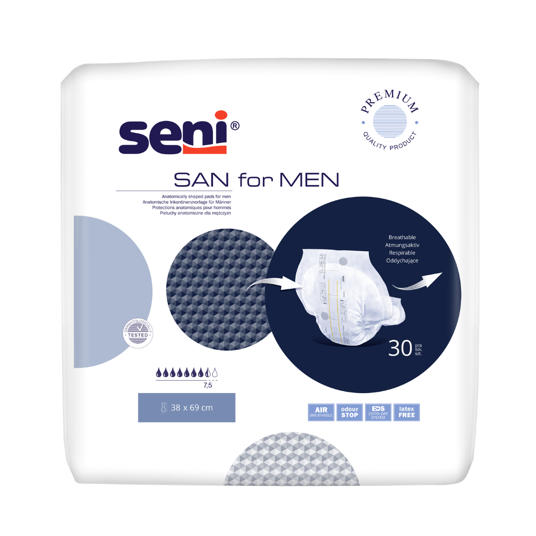 Verpackung der Seni for Men anatomisch geformten Inkontinenzvorlage mit atmungsaktivem Material, 38 x 69 cm, 7,5 Saugeinheiten