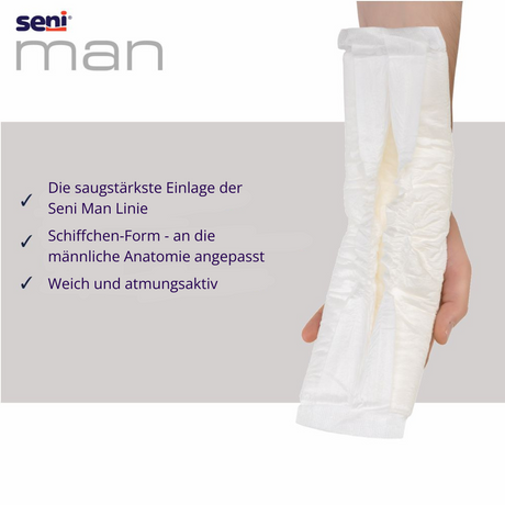 Seni Man Super Level 5 – saugstärkste Einlage der Seni Man Linie in Schiffchen-Form, anatomisch angepasst, weich und atmungsaktiv