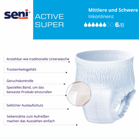 SENI Active Super Vorteile wie Auslaufschutz, seitenähte zum Aufreisen. KRB Homecare