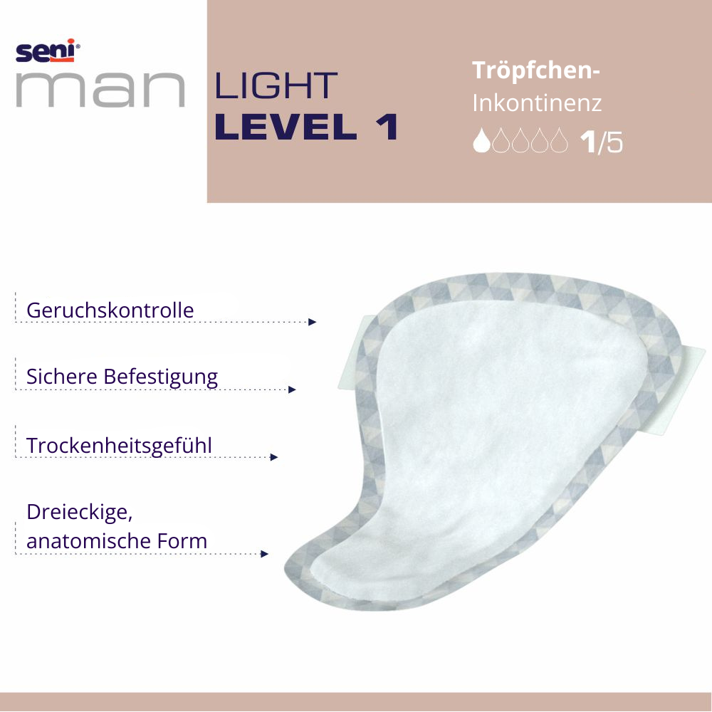 Seni Man Light Level 1 Inkontinenzeinlage für Männer mit 150ml Saugkraft, Geruchskontrolle, anatomischer Form und Trockenheitsgefühl