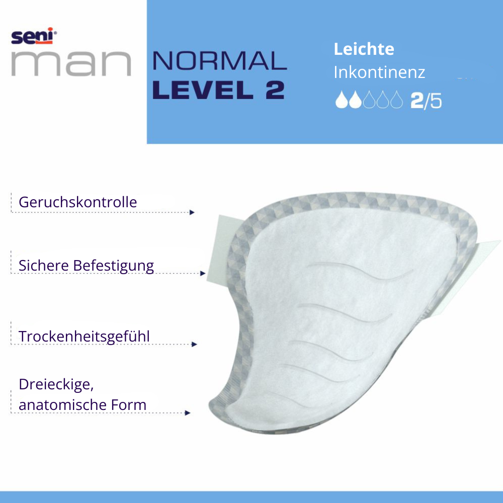 Seni Man Normal Level 2 Inkontinenzeinlage für Männer mit 300ml Saugkraft, Geruchskontrolle, anatomischer Form und Trockenheitsgefühl