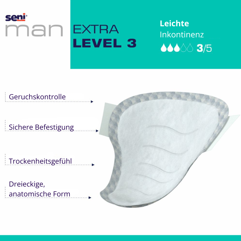 Seni Man Extra Level 3 Inkontinenzeinlage für Männer mit 500ml Saugkraft, Geruchskontrolle, anatomischer Form und Trockenheitsgefühl
