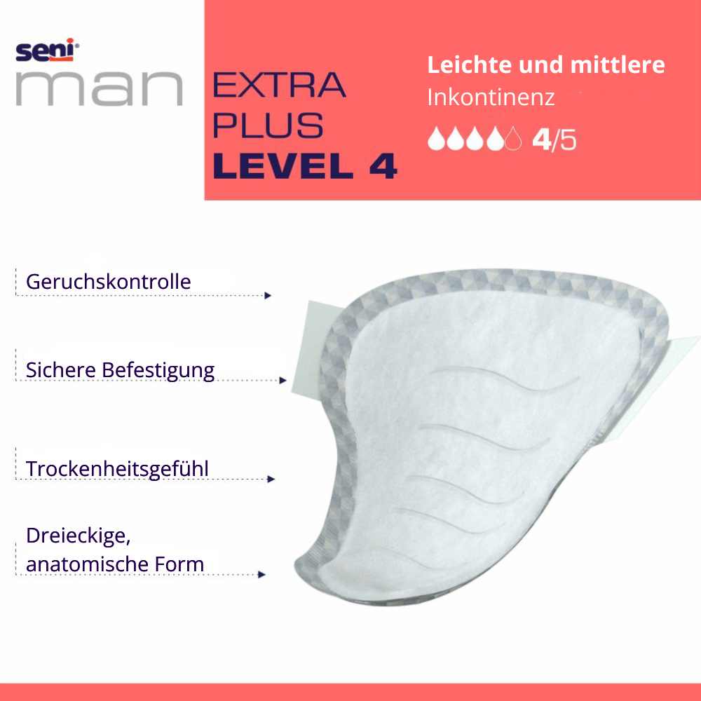 Seni Man Extra Plus Level 4 Inkontinenzeinlage für Männer mit 700ml Saugkraft, Geruchskontrolle, anatomischer Form und Trockenheitsgefühl
