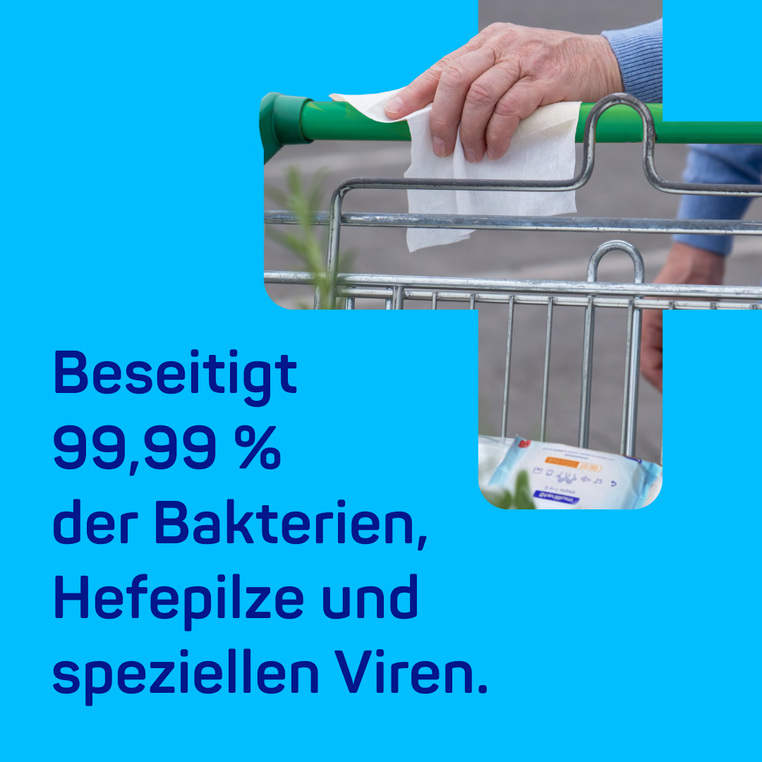 Flächendesinfektion eines Einkaufswagengriffs mit Sterillium 2-in-1 Wipes