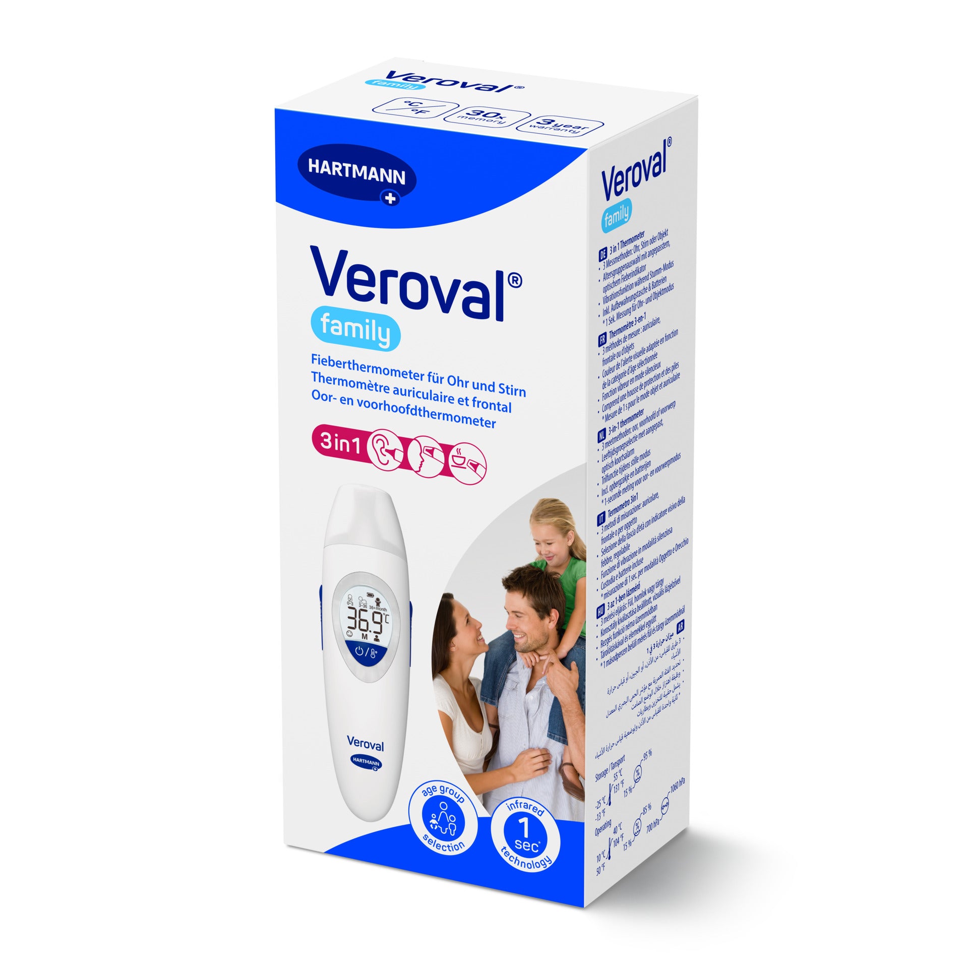Veroval family 3in1 Fieberthermometer Verpackung - Infrarot Thermometer für Ohr und Stirn von Hartmann